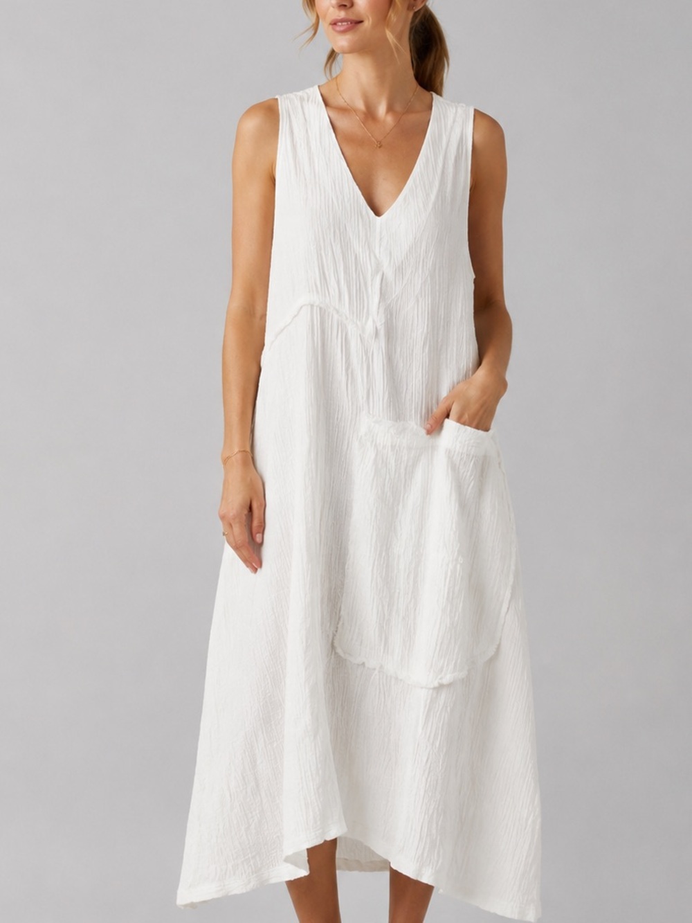 🆕🥥 H-4 White Crinkle Textured Midi Dress Embroidered Back Party Casual Size 36